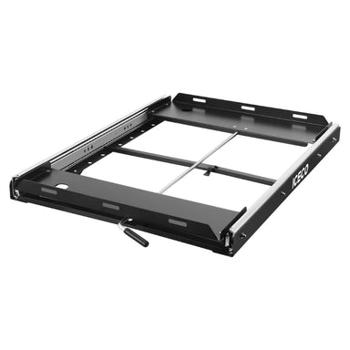 Image of a black ICECO refrigerator slide tray with silver rails and a handle, shown from an angled front and side view on a white background