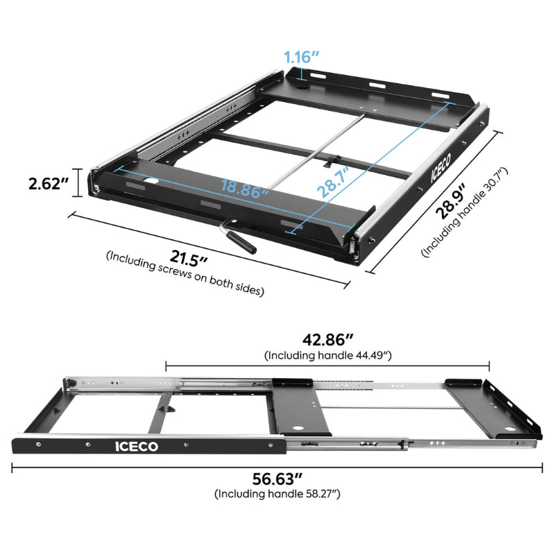 Image showing two views of a black ICECO refrigerator slide tray with dimensions labeled, including extended and unextended lengths, and the width and height of the tray