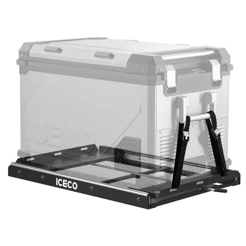 Image of a black ICECO refrigerator slide tray with an outlined, transparent ICECO portable refrigerator placed on top and secured with black straps, shown from an angled front and side view on a white background
