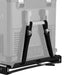 Image of an ICECO portable refrigerator, outlined and transparent, secured to a black slide tray with two black straps, viewed from an angled rear perspective on a white background