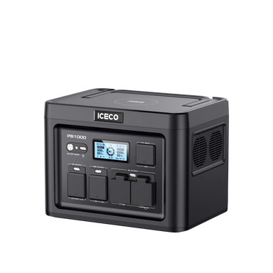 Image of a black ICECO PB1000 portable power station, displaying various output ports, a digital display, and a side vent, all on a gray background