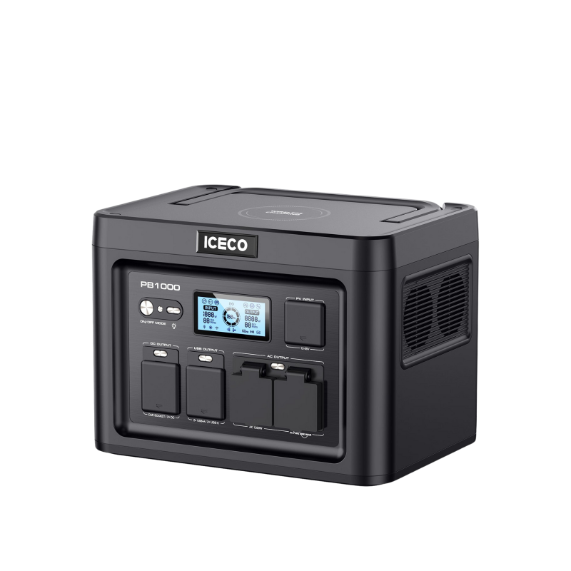 Image of a black ICECO PB1000 portable power station, displaying various output ports, a digital display, and a side vent, all on a gray background