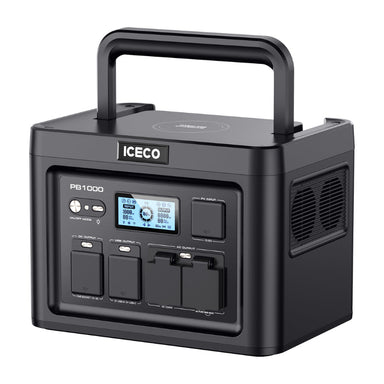 Image of a black ICECO PB1000 portable power station with a raised handle, featuring a front display panel with multiple AC, DC, and USB output ports, and a side vent, all on a white background