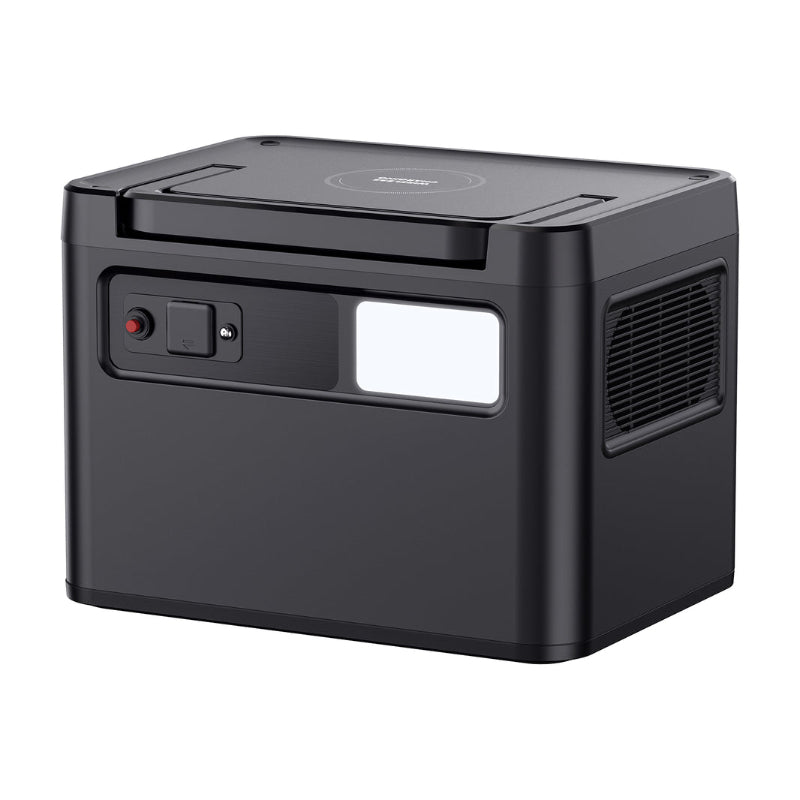 Image of a black ICECO portable refrigerator/freezer with a modern design, featuring a control panel with a light, buttons, and a side vent, all on a white background