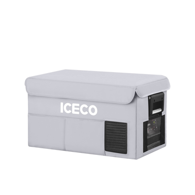 Image of an ICECO portable refrigerator in a light gray protective cover, featuring the brand logo, a side vent, and part of the control panel and handle, set against a solid gray background