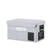 Image of an ICECO portable refrigerator in a light gray protective cover, featuring the brand logo, a side vent, and part of the control panel and handle, set against a solid gray background