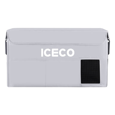 Image of a light gray ICECO portable refrigerator/freezer cover, featuring the brand name in white, two front pockets, and a black mesh vent on the side, all against a white background