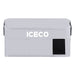 Image of a light gray ICECO portable refrigerator/freezer cover, featuring the brand name in white, two front pockets, and a black mesh vent on the side, all against a white background