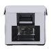 Image of an ICECO portable refrigerator in a light gray protective cover, with the transparent section of the cover revealing the control panel displaying "COOLING" status, "40" degrees, and settings for MAX/ECO modes, on a white background