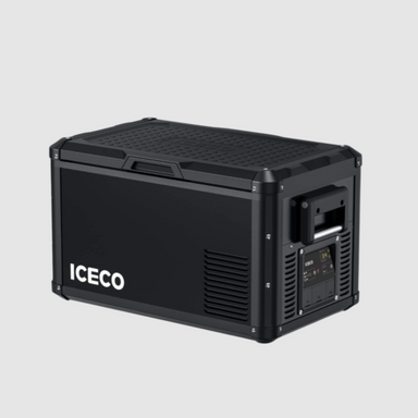 Image of a black ICECO portable refrigerator/freezer with a textured lid and control panel on the side, shown from an angled front and side view on a grey background