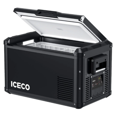Image of a black ICECO portable refrigerator/freezer with its lid open, revealing a white interior and storage basket, shown from an angled front and side view