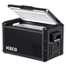Image of a black ICECO portable refrigerator/freezer with its lid open, revealing a white interior and storage basket, shown from an angled front and side view