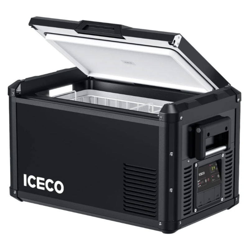 Image of a black ICECO portable refrigerator/freezer with its lid open, revealing a white interior and storage basket, shown from an angled front and side view