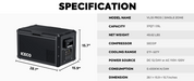 Image displaying the specifications of the ICECO VL35 PROS single-zone portable refrigerator, detailing its model name, 37QT/35L capacity, 48.62 lbs net weight, SECOP compressor, 0°F-50°F cooling range, DC 12/24V or AC 110-120V power source, 0.430KW.H/24H consumption, and dimensions of 28.1 x 15.9 x 15.7 inches