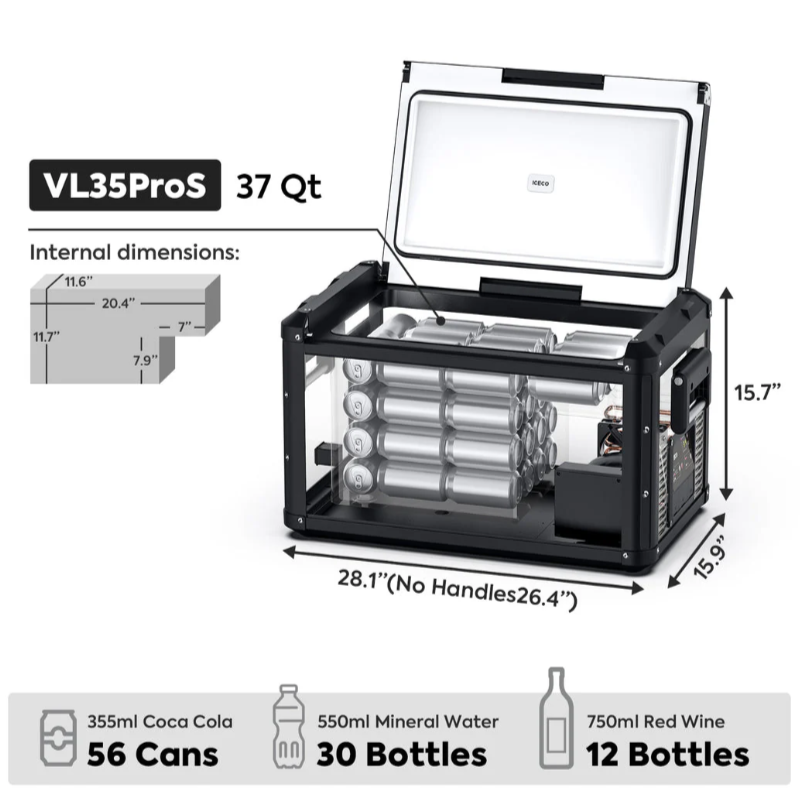 Image displaying the internal dimensions and capacity of the VL35ProS 37 Qt portable refrigerator, showing it can hold 56 Coca-Cola cans, 30 mineral water bottles, or 12 red wine bottles