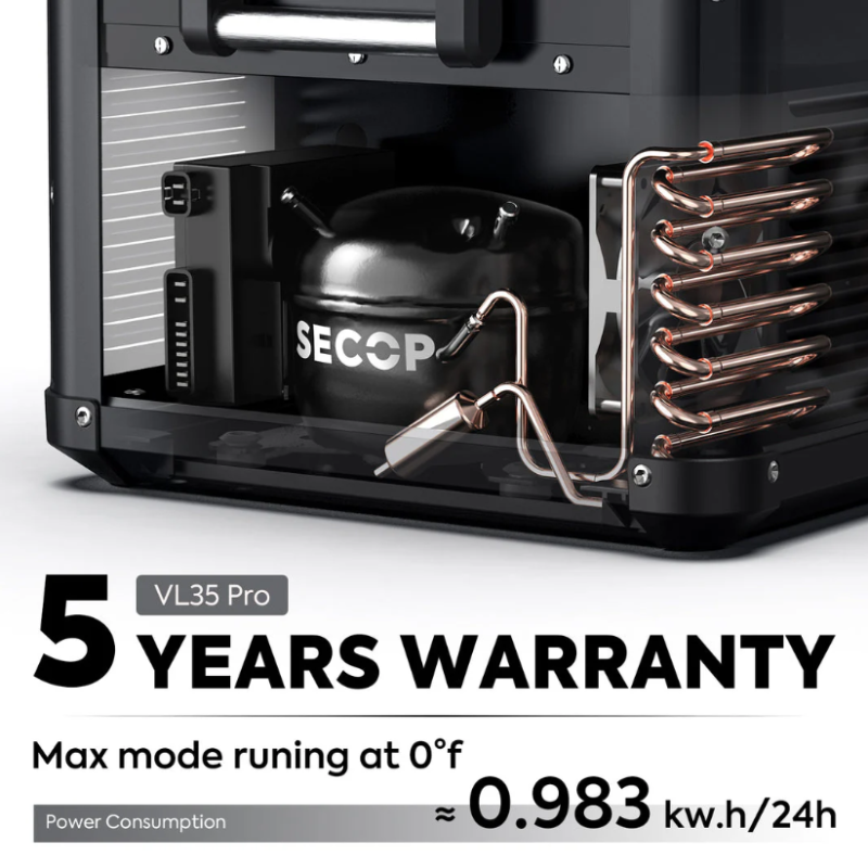 Image showing the internal Secop compressor of the VL35 Pro portable refrigerator, highlighting a "5 Years Warranty" and a power consumption of approximately 0.983 kW.h/24h when running in Max mode at 0°F