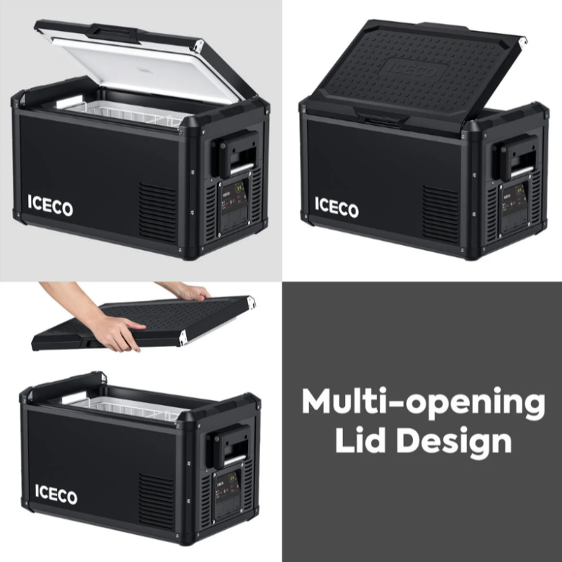 Image demonstrating the "Multi-opening Lid Design" of the ICECO portable refrigerator, showing four views: the lid fully open, partially open, being removed, and the cooler with the lid fully removed