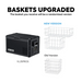 Image announcing "BASKETS UPGRADED" for the ICECO VL35PROS portable refrigerator, showing two "NEW VERSION" wire baskets and one "Old Version" basket, indicating that the basket received will be a randomized version