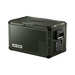 Image of an olive green ICECO portable refrigerator/freezer with a textured lid and control panel on the side, shown from an angled front and side view on a white background