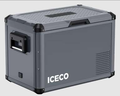 Image of an ICECO portable refrigerator/freezer in a dark grey color, featuring a textured lid and black reinforced corners. A black handle is visible on the side, and "ICECO" is prominently displayed in white letters on the lower front
