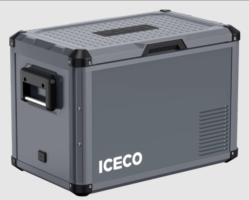 Image of an ICECO portable refrigerator/freezer in a dark grey color, featuring a textured lid and black reinforced corners. A black handle is visible on the side, and "ICECO" is prominently displayed in white letters on the lower front