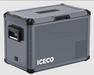 Image of an ICECO portable refrigerator/freezer in a dark grey color, featuring a textured lid and black reinforced corners. A black handle is visible on the side, and "ICECO" is prominently displayed in white letters on the lower front