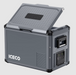 Image of an ICECO portable refrigerator/freezer in dark grey, with its textured lid partially raised, revealing the interior. The "ICECO" logo is visible on the top of the lid and on the lower front of the unit. The side panel features a control interface with a screen, buttons, and ventilation grilles, along with a black handle