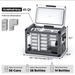Image of the VL45ProD Gray 45 Qt portable refrigerator/freezer with its lid open, revealing a transparent view of its internal capacity filled with cans. Dimensions are labeled: 28.1" length (26.1" without handles), 15.9" width, and 18.1" height. Insets show internal dimensions: 11.4" x 6.2" x 14.5" for one compartment and 13.0" x 6.7" x 7.9" for the other. The bottom section indicates it can hold 56 x 355ml Coca Cola cans, 38 x 550ml Mineral Water bottles, or 14 x 750ml Red Wine bottles