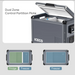 Image showcasing the "Dual Zone Control Partition Plate" of an ICECO portable refrigerator/freezer. The top image shows the grey cooler with its lid open, highlighting a removable partition plate that divides the interior. Below, two top-down views illustrate its functionality: one shows the cooler divided into "Fridge" (green) and "Freezer" (blue) zones, and the other shows the cooler configured as a single "Freezer" (blue) zone with the partition removed