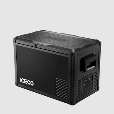 An ICECO VL series portable refrigerator, black with textured lid and side handles, displaying a digital control panel with a "16" readout, angled front and side view on a light grey background