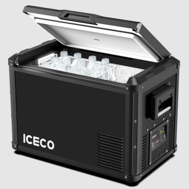 An ICECO VL series portable refrigerator, black, with its lid partially open to reveal several bottles of water inside, angled front and side view on a light grey background
