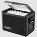 An ICECO VL series portable refrigerator, black, with its lid partially open to reveal several bottles of water inside, angled front and side view on a light grey background