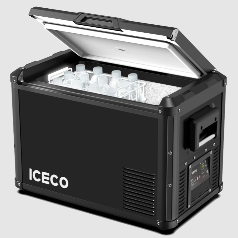 An ICECO VL series portable refrigerator, black, with its lid partially open to reveal several bottles of water inside, angled front and side view on a light grey background
