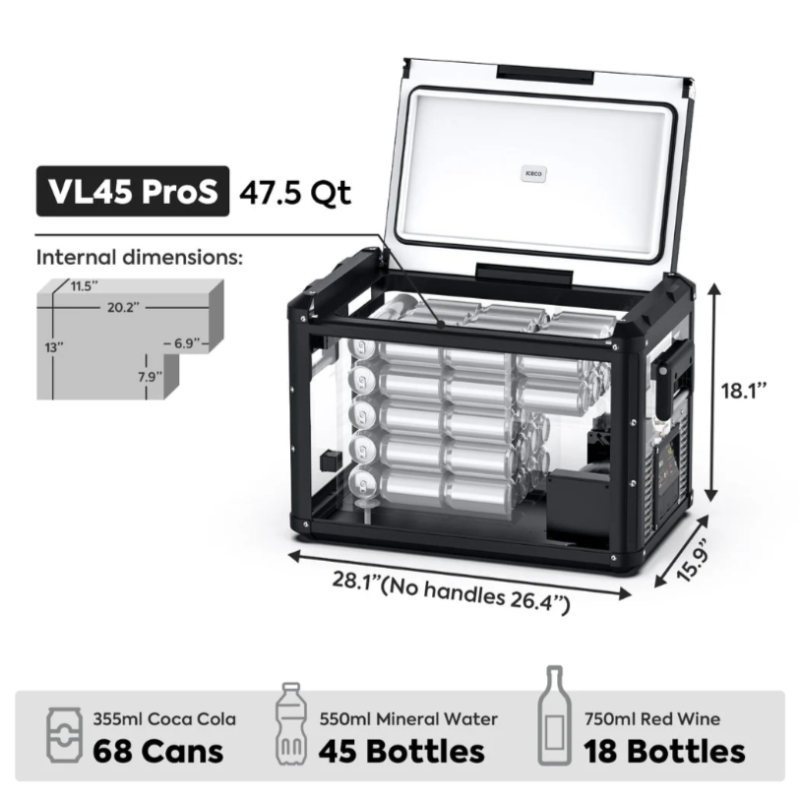An ICECO VL45 ProS portable refrigerator, black, with its lid open revealing canned beverages inside, and detailed external and internal dimensions shown, along with graphics indicating capacity for 68 cans, 45 water bottles, or 18 wine bottles