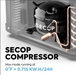 A close-up image showcasing the internal SECOP compressor of an ICECO refrigerator, with copper tubing and a textual overlay stating "SECOP COMPRESSOR" and "Max mode running at 0°F ≈ 0.715 KW.H/24H"
