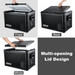 A four-panel image showcasing the ICECO portable refrigerator's multi-opening lid design in black, demonstrating opening from the front, back, and full removal, with text labels "Front," "Back," "Whole," and "Multi-opening Lid Design."