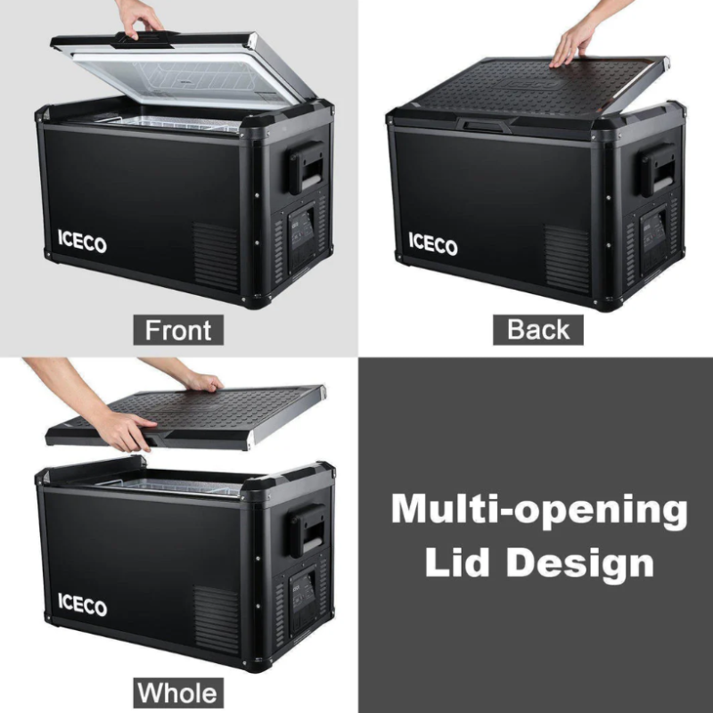 A four-panel image showcasing the ICECO portable refrigerator's multi-opening lid design in black, demonstrating opening from the front, back, and full removal, with text labels "Front," "Back," "Whole," and "Multi-opening Lid Design."