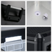 A four-panel image showcasing features of an ICECO portable refrigerator, including a close-up of the handle, the textured interior with a drain plug, the interior LED light and wire basket, and a corner of the textured black lid
