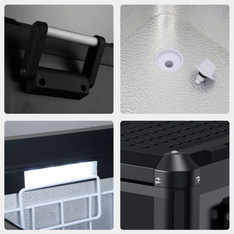 A four-panel image showcasing features of an ICECO portable refrigerator, including a close-up of the handle, the textured interior with a drain plug, the interior LED light and wire basket, and a corner of the textured black lid