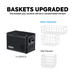 An image showing an ICECO VL45PROS portable refrigerator in black, alongside illustrations of "NEW VERSION" wire baskets (two rectangular) and an "Old Version" wire basket (one square), with text indicating "BASKETS UPGRADED" and "The basket you receive will be a randomized version."