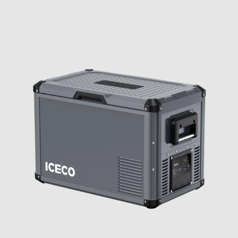 An ICECO portable refrigerator in a dark grey finish with a textured lid and side handles, featuring a digital control panel with "45" displayed, shown from an angled front and side view on a light grey background