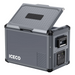 An ICECO portable refrigerator, dark grey with a textured lid partially open, displaying its internal compartment from an angled front and side view on a light grey background