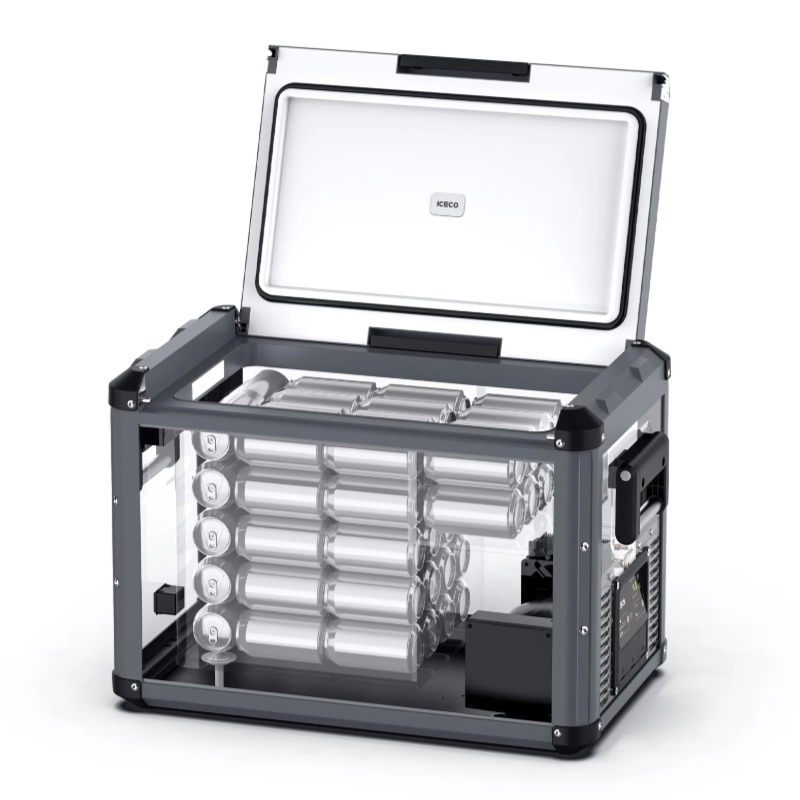 An ICECO VL series portable refrigerator with a transparent body, showcasing its internal design filled with stacked beverage cans, and an open lid, presented at an angled front and side view on a white background