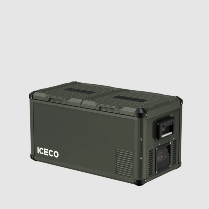 An ICECO VL series portable refrigerator in an olive green finish, featuring a split lid with textured surfaces and side handles, and a digital control panel, shown from an angled front and side view on a light grey background