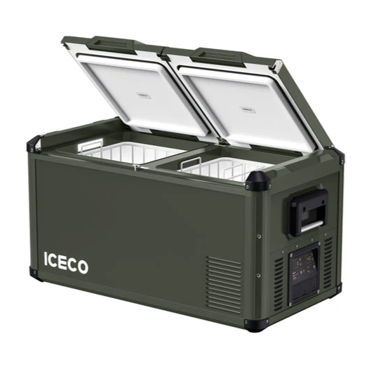 An ICECO portable refrigerator in olive green, with both of its split lids partially open to reveal two separate compartments, shown from an angled front and side view on a white background