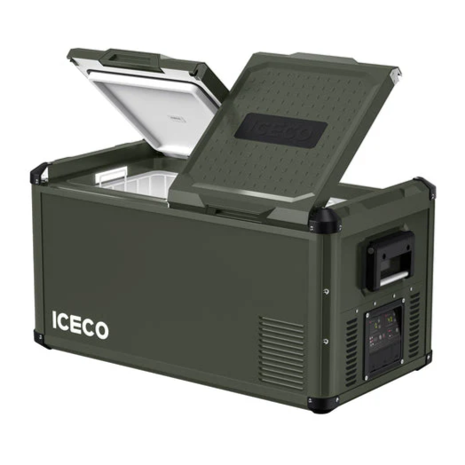 An ICECO portable refrigerator in olive green, with the left lid partially open to reveal the interior compartment, while the right lid is fully open, showcasing its textured top and the "ICECO" logo