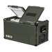 An ICECO portable refrigerator in olive green, with the left lid partially open to reveal the interior compartment, while the right lid is fully open, showcasing its textured top and the "ICECO" logo