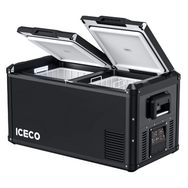 An ICECO VL series portable refrigerator in black, with both of its split lids partially open to reveal two separate compartments, shown from an angled front and side view on a light grey background