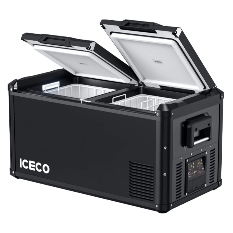 An ICECO VL series portable refrigerator in black, with both of its split lids partially open to reveal two separate compartments, shown from an angled front and side view on a light grey background