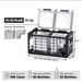 An ICECO VL75 ProD portable refrigerator with a transparent body and open split lids, showcasing two compartments filled with stacked beverage cans and bottles, accompanied by detailed external and internal dimensions and capacity information for 106 cans, 85 water bottles, or 32 wine bottles
